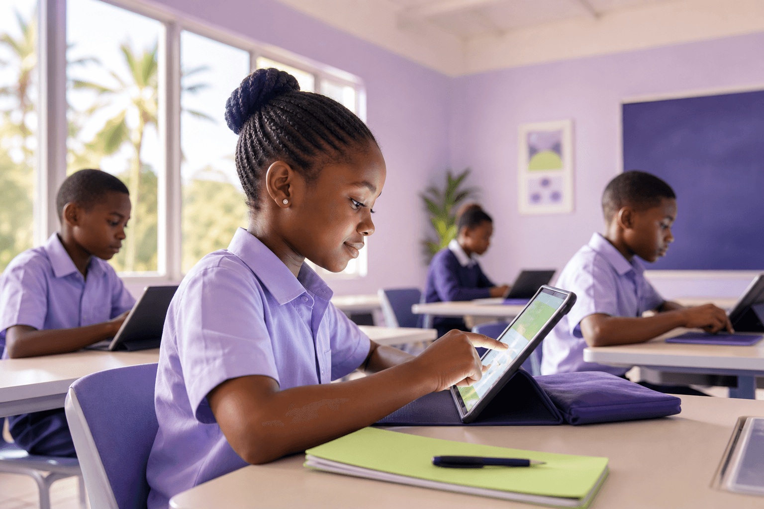 Students learning in a bright modern classroom
